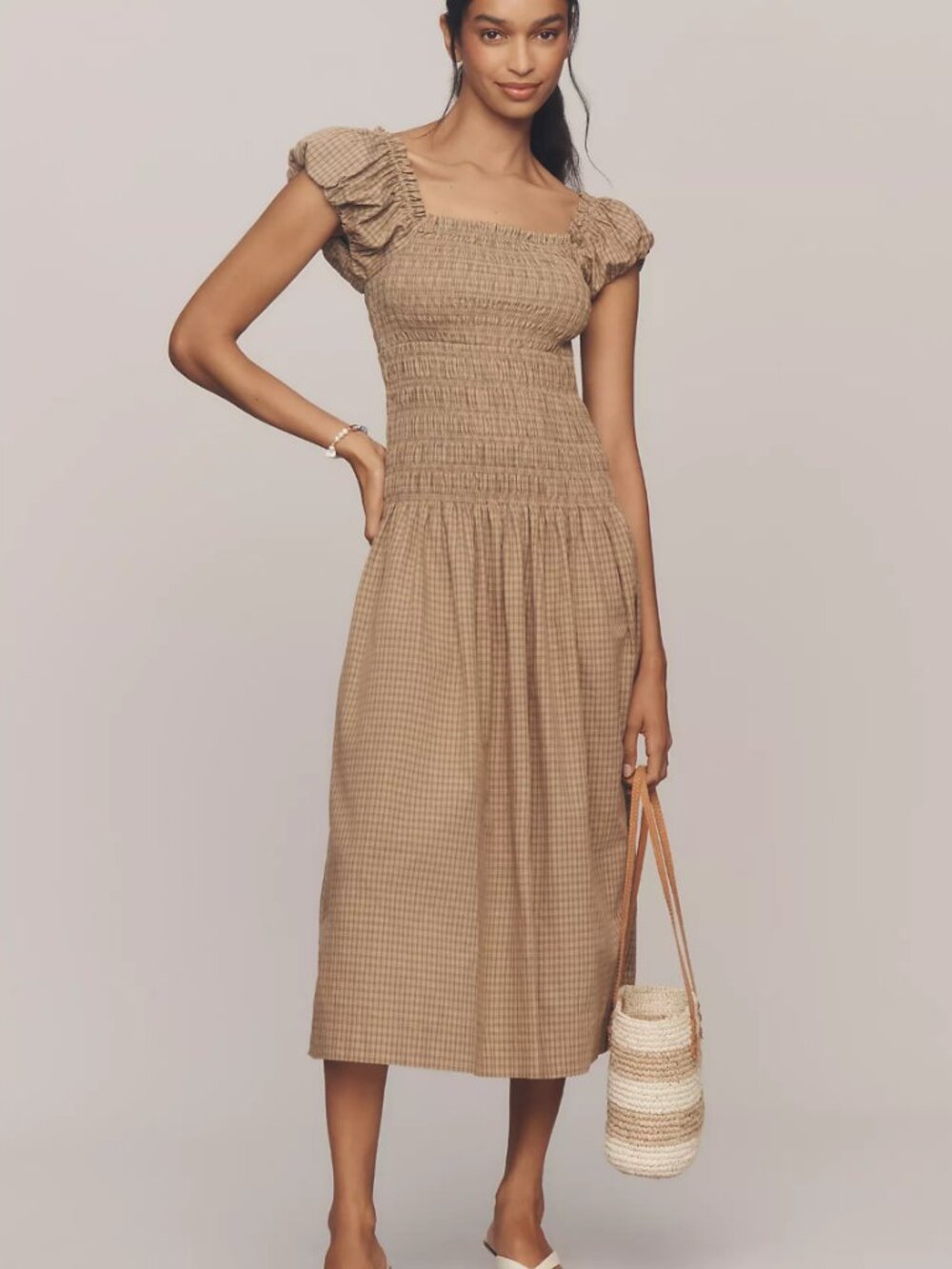 WAYF Smocked Drop-Waist Midi Dress (size M)